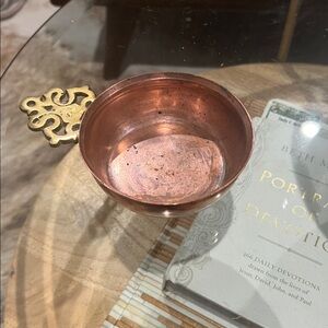 vintage solid copper bowl with brass handle, 4”